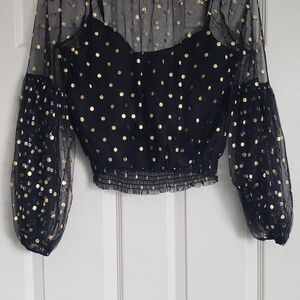 Black Sheer Top with Gold Polka Dots